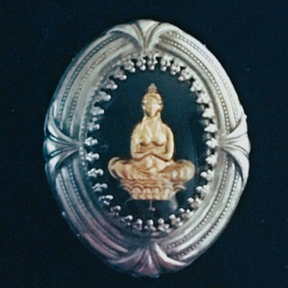 1950s Royal Crest Reverse Glass Cabochon Buddhist Deity Brooch and Earring Set - Picture 1 of 12